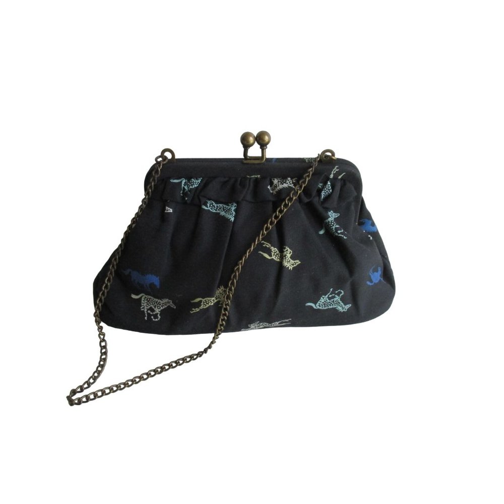 *GAP Navy Blue Horse Motif Fabric Clutch Kiss Closure Wristlet Chain